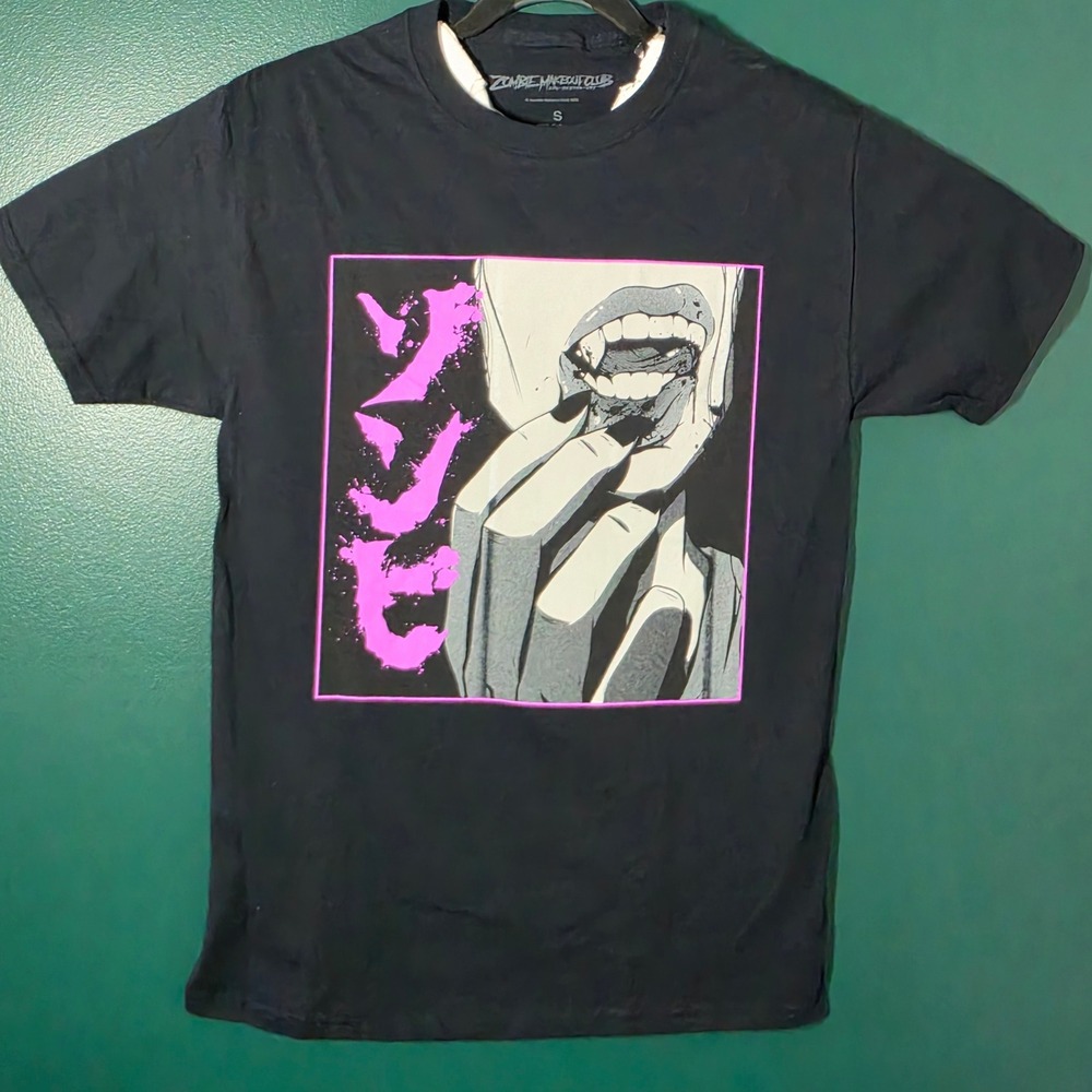 Zombie Makeout Club Anime Graphic Tee Black Pink Short Sleeve Cotton Shirt S